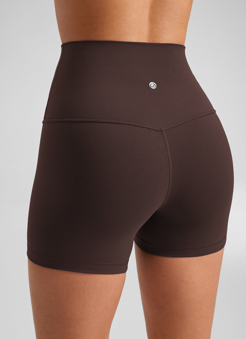 CRZ YOGA Celana Pendek Biker Yoga Wanita dengan Pinggang Tinggi, Celana Pendek " Butterluxe " 4'' Warna Cokelat Hot Fudge