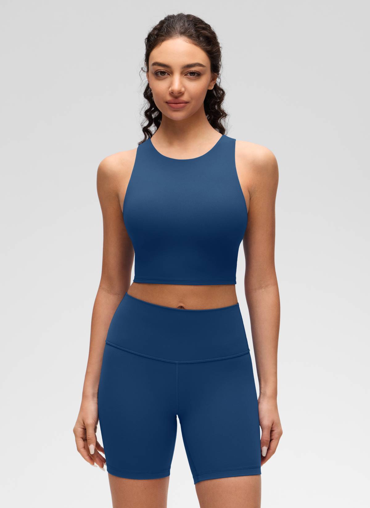 CRZ YOGA  Kaos Tanktop Yoga Wanita dengan Dukungan Rendah, Model " Butterluxe ", Leher Tinggi, Punggung Racerback, Warna French Navy