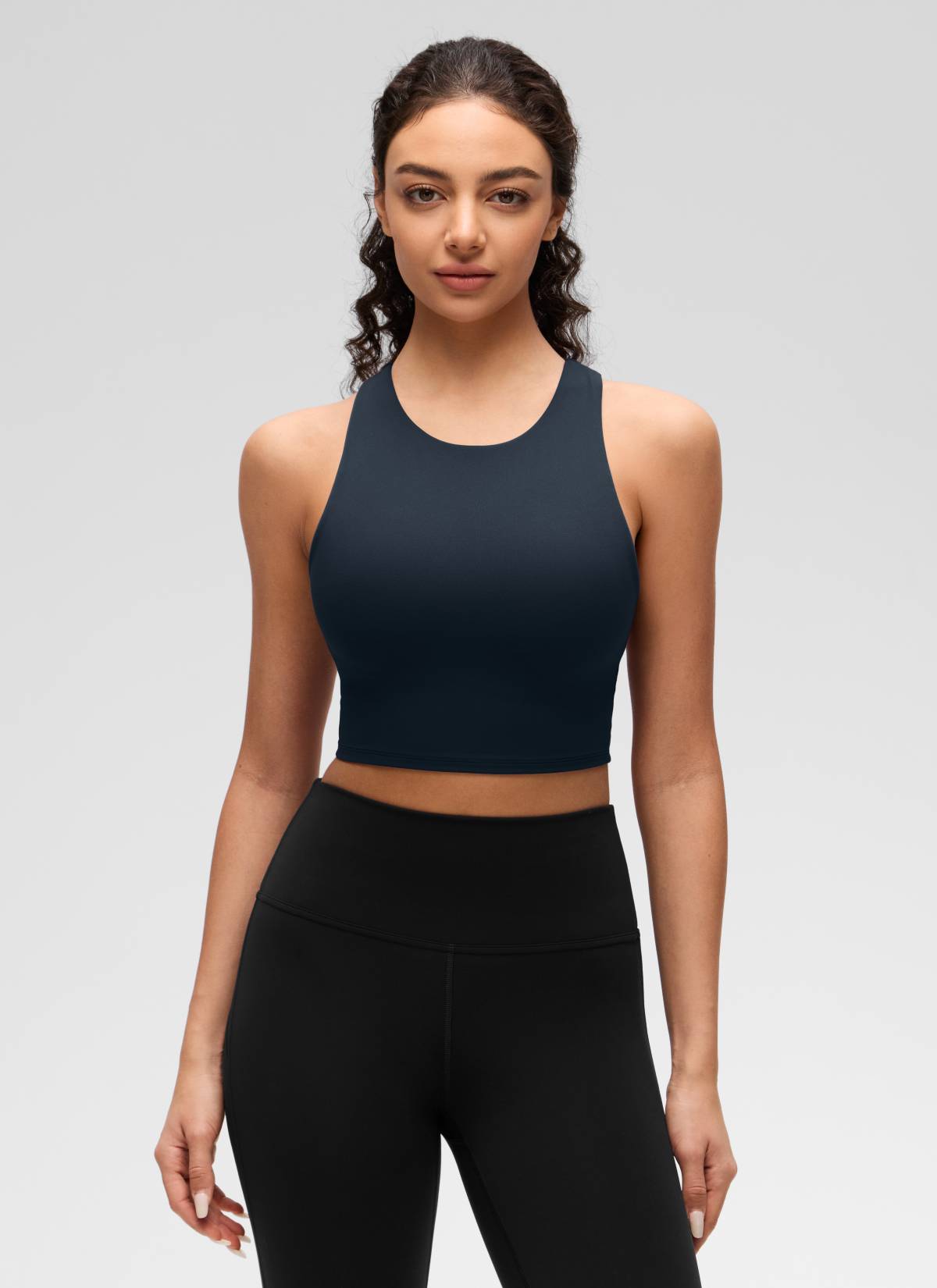 CRZ YOGA  Kaos Tanktop Yoga Wanita dengan Dukungan Rendah, Model " Butterluxe ", Leher Tinggi, Punggung Racerback, Warna True Navy