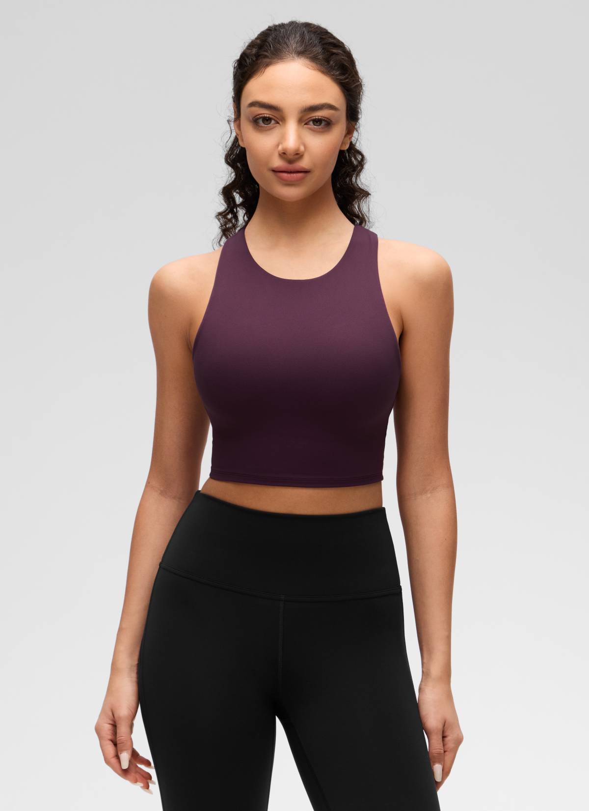 CRZ YOGA  Kaos Tanktop Yoga Wanita dengan Dukungan Rendah, Model " Butterluxe ", Leher Tinggi, Punggung Racerback, Warna Ungu Tua