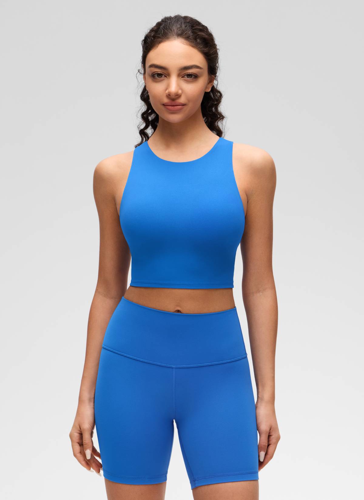 CRZ YOGA  Kaos Tanktop Yoga Wanita dengan Dukungan Rendah, Model " Butterluxe ", Leher Tinggi, Punggung Racerback, Warna Biru Berkilau