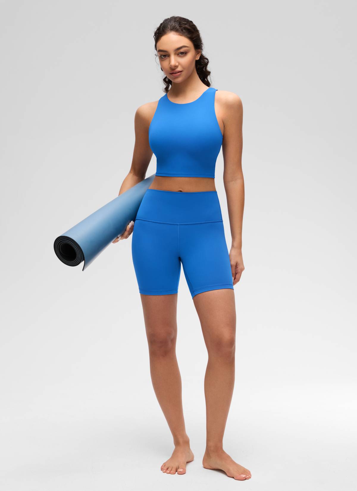 CRZ YOGA  Kaos Tanktop Yoga Wanita dengan Dukungan Rendah, Model " Butterluxe ", Leher Tinggi, Punggung Racerback, Warna Biru Berkilau