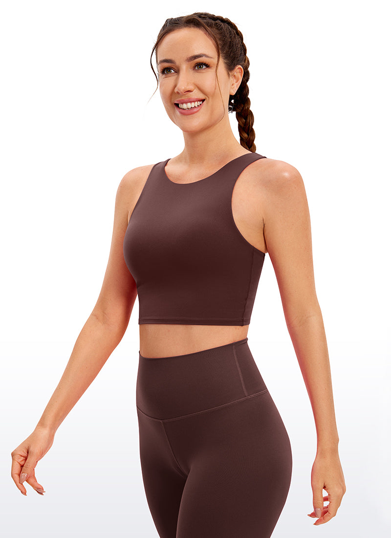 CRZ YOGA  Kaos Tanktop Yoga Wanita dengan Dukungan Rendah, Model " Butterluxe ", Leher Tinggi, Punggung Racerback, Warna Taupe