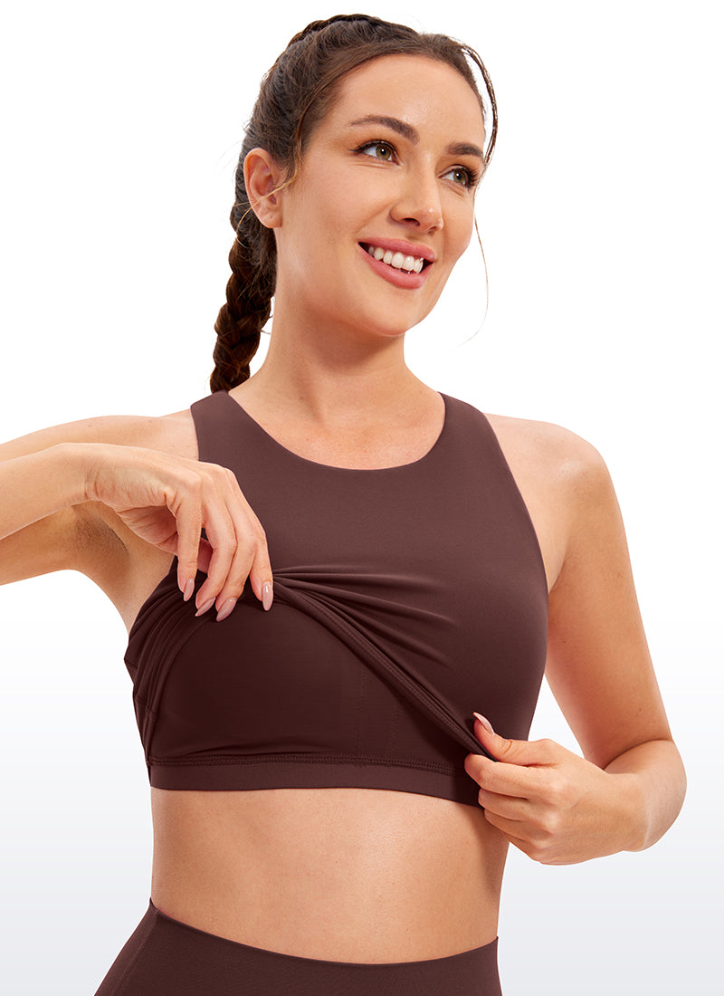 CRZ YOGA  Kaos Tanktop Yoga Wanita dengan Dukungan Rendah, Model " Butterluxe ", Leher Tinggi, Punggung Racerback, Warna Taupe