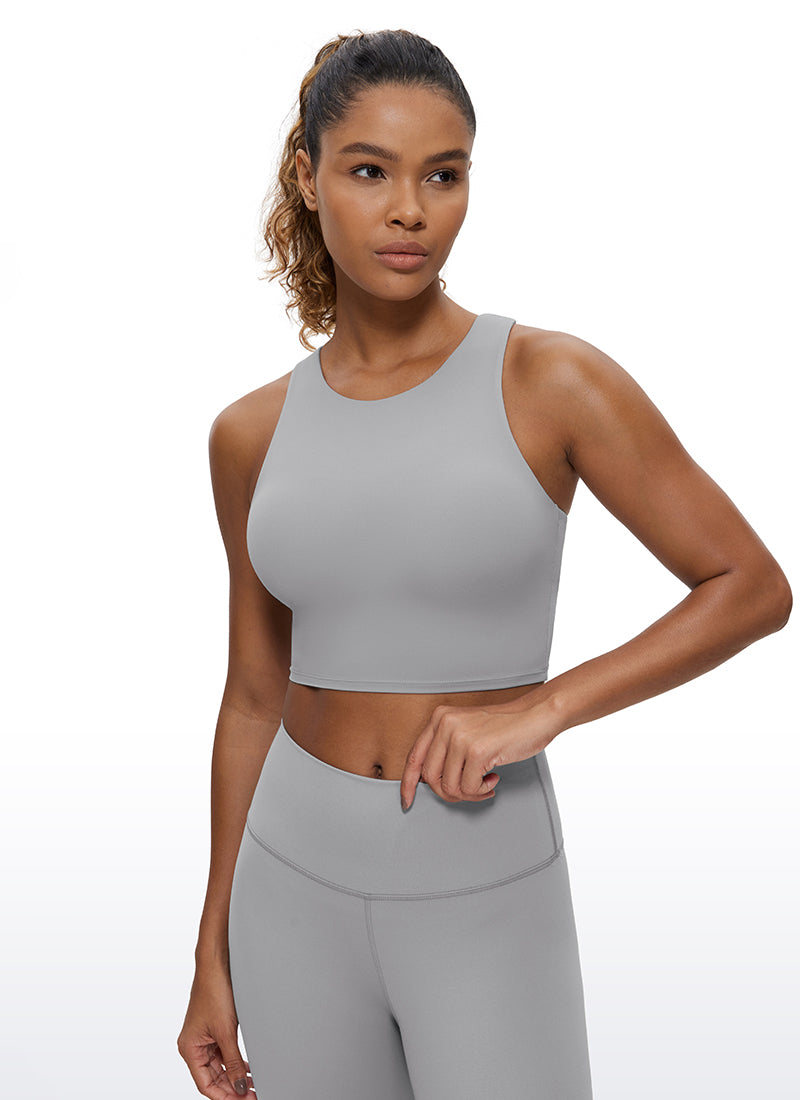 CRZ YOGA  Kaos Tanktop Yoga Wanita dengan Dukungan Rendah, Model " Butterluxe ", Leher Tinggi, Punggung Racerback, Warna Rhino Grey