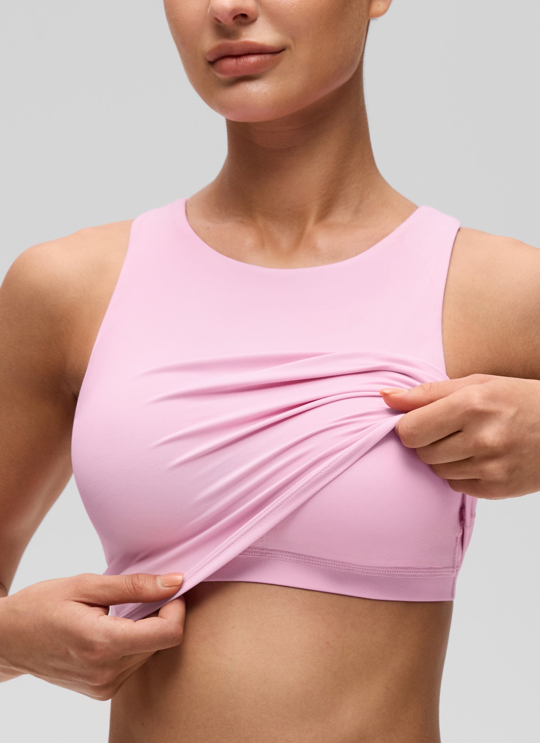 CRZ YOGA  Atasan Yoga Wanita dengan Dukungan Rendah, Model Butterluxe , Leher Tinggi, Punggung Racerback, Warna Vita Pink