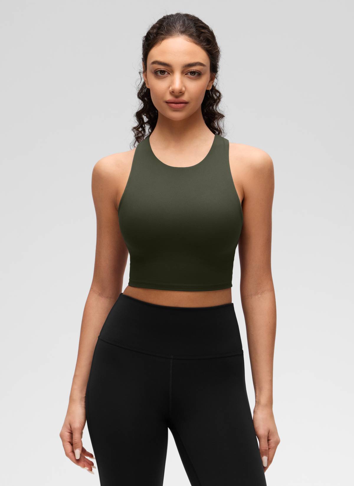 CRZ YOGA  Kaos Tanktop Yoga Wanita dengan Dukungan Rendah, Model " Butterluxe ", Leher Tinggi, Punggung Racerback, Warna Hijau Zaitun