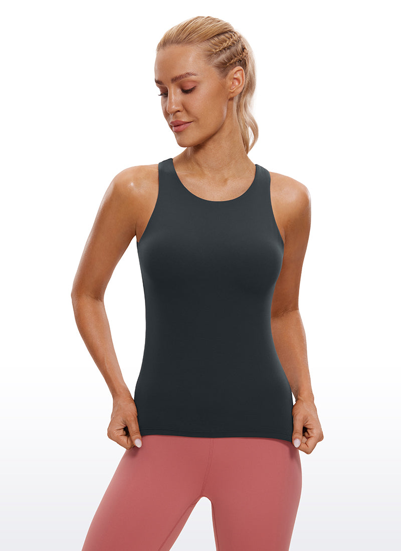 CRZ YOGA Tank Top Wanita " Butterluxe " dengan Bra Terintegrasi, Leher Tinggi, dan Punggung Racerback, Warna Melanite