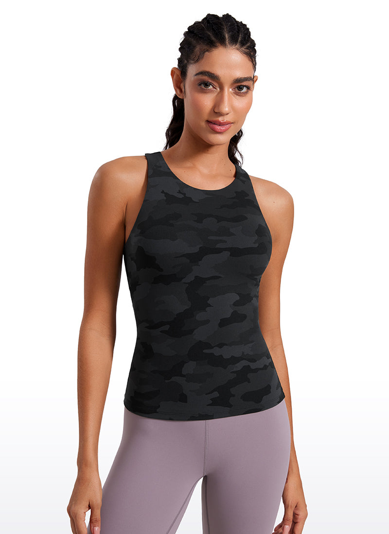 CRZ YOGA Tank Top Racerback Leher Tinggi dengan Bra Bawaan Butterluxe Wanita Dark Grey Camouflage 2