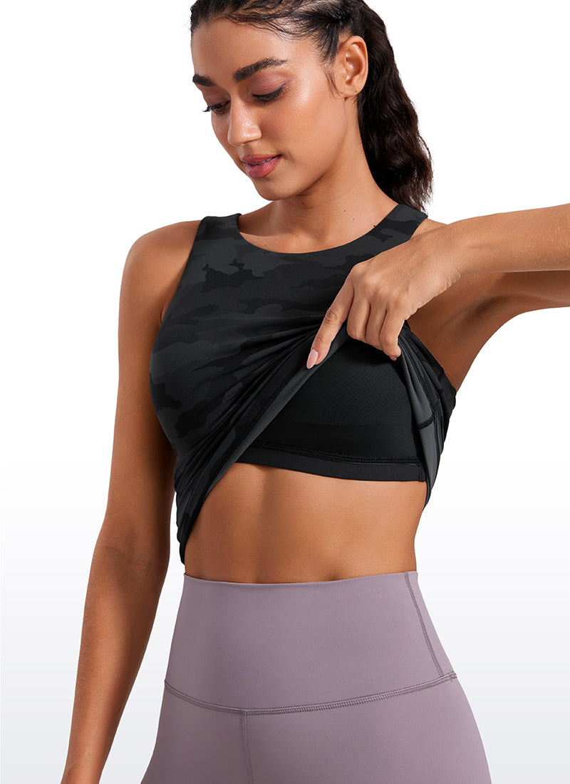 CRZ YOGA Tank Top Racerback Leher Tinggi dengan Bra Bawaan Butterluxe Wanita Dark Grey Camouflage 2