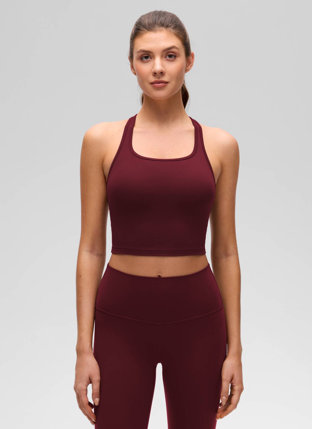 CRZ YOGA Bra Yoga Wanita dengan Dukungan Rendah, Model " Butterluxe ", Leher Bulat, Punggung Y, Warna Merah Merlot