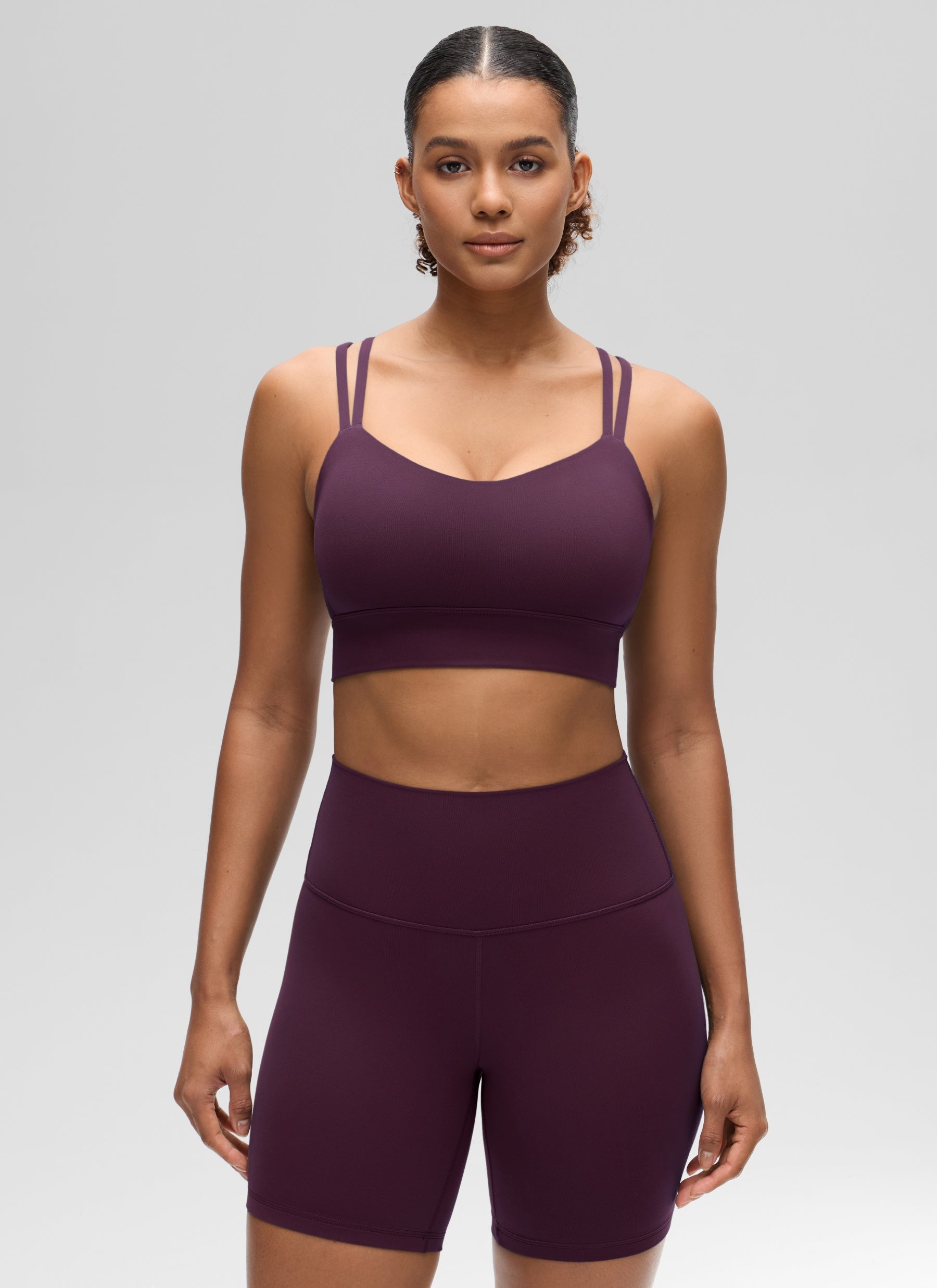 CRZ YOGA Womens Butterluxe Strappy Longline Criss Cross Molded Cup Bra Deep Purple