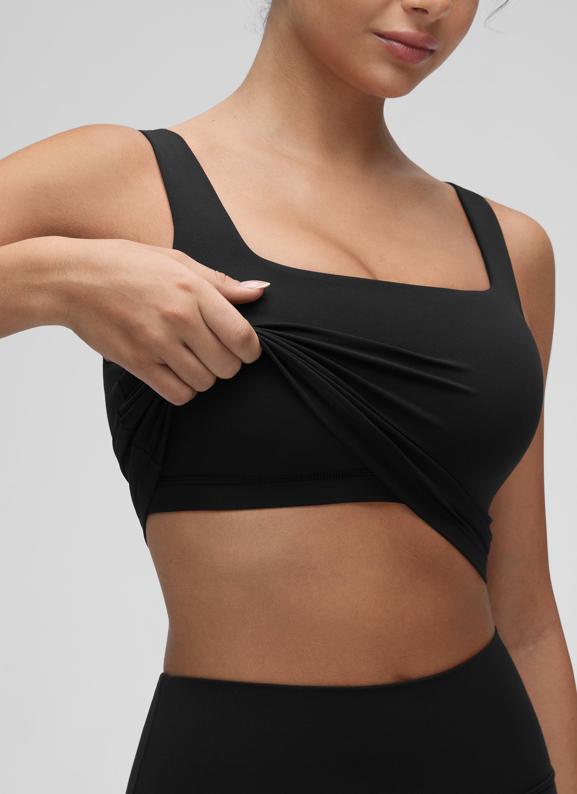 CRZ YOGA Bra Yoga Wanita Dampak Rendah, Model Long Butterluxe , Leher Persegi, Warna Hitam