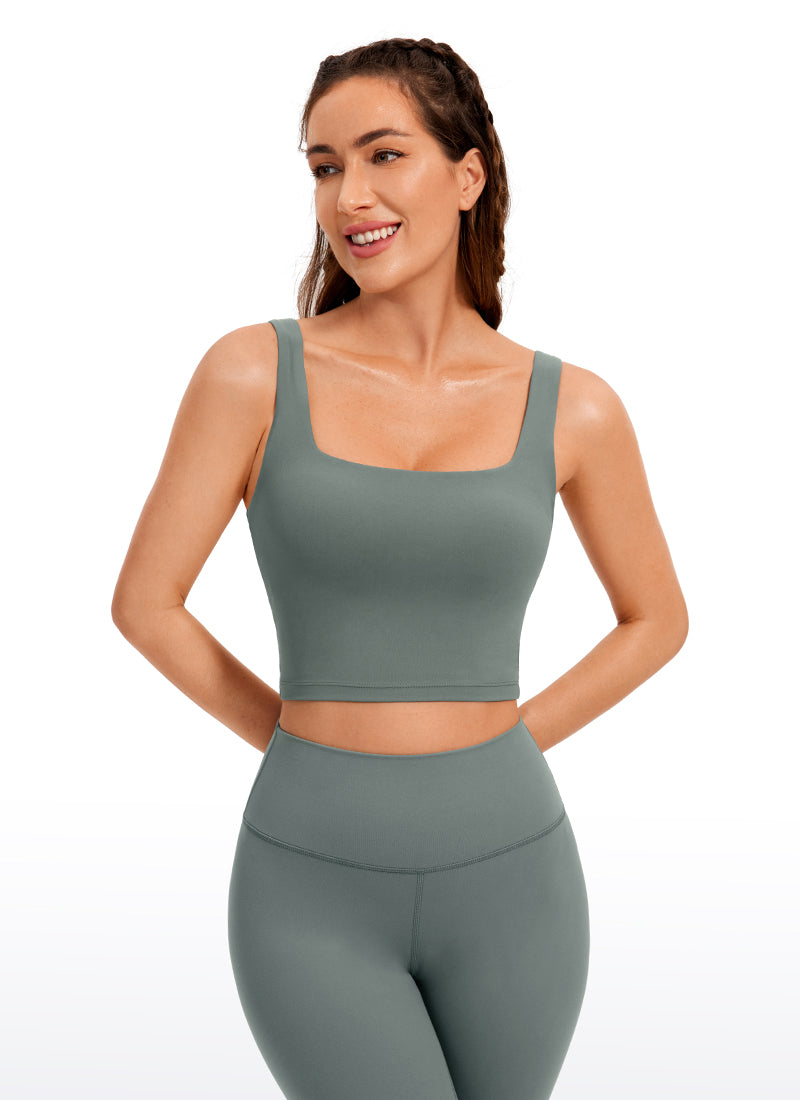 CRZ YOGA Bra Yoga Wanita Dampak Rendah dengan Desain " Butterluxe " dan Model Panjang, Leher Persegi, Warna Abu-abu Sage