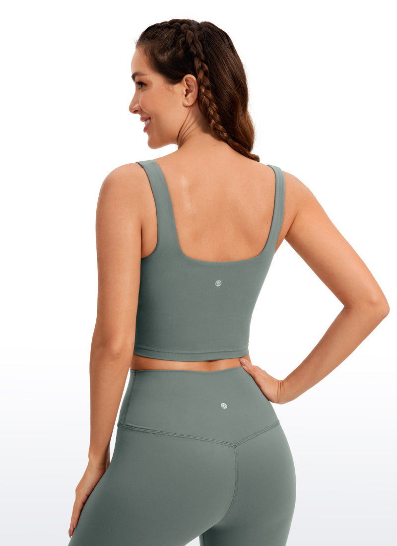 CRZ YOGA Bra Yoga Wanita Dampak Rendah dengan Desain " Butterluxe " dan Model Panjang, Leher Persegi, Warna Abu-abu Sage