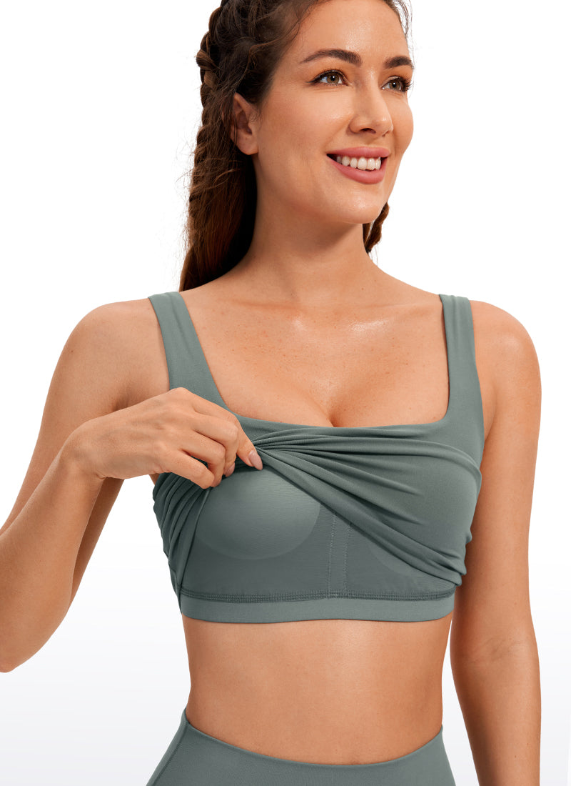 CRZ YOGA Bra Yoga Wanita Dampak Rendah dengan Desain " Butterluxe " dan Model Panjang, Leher Persegi, Warna Abu-abu Sage