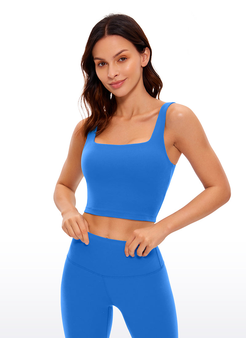 CRZ YOGA Bra Yoga Wanita Dampak Rendah, Model " Butterluxe " dengan Potongan Panjang dan Leher Persegi, Warna Biru Berkilau