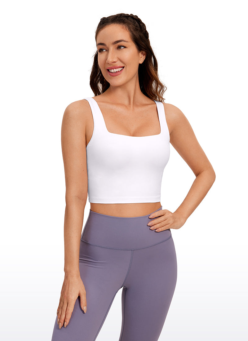 CRZ YOGA Bra Yoga Wanita Dampak Rendah dengan Desain " Butterluxe " dan Model Panjang, Leher Persegi, Warna Putih