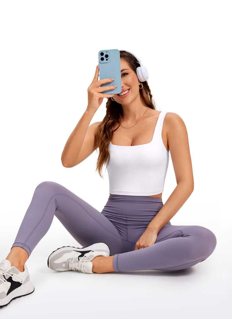 CRZ YOGA Bra Yoga Wanita Dampak Rendah dengan Desain " Butterluxe " dan Model Panjang, Leher Persegi, Warna Putih