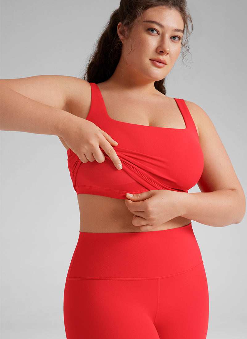 CRZ YOGA Bra Yoga Wanita Dampak Rendah, Model Long Butterluxe , Leher Persegi, Warna Merah Tua