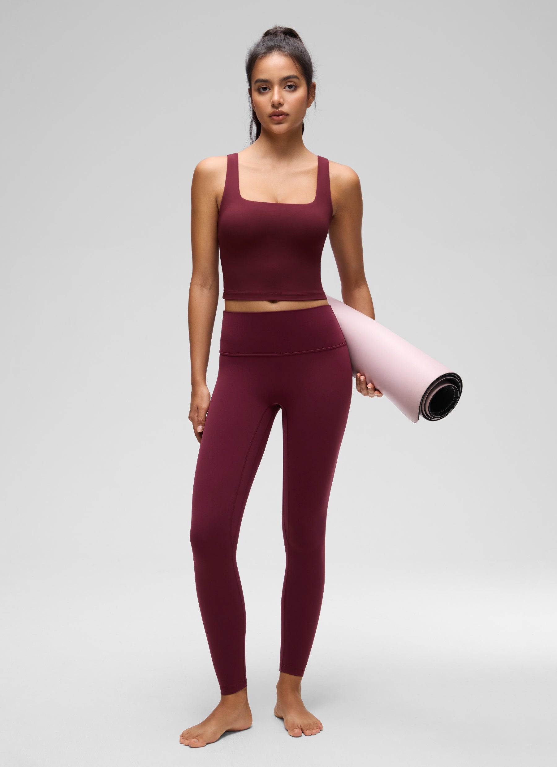CRZ YOGA Bra Yoga Wanita Dampak Rendah, Model Long Butterluxe , Leher Persegi, Warna Merah Merlot