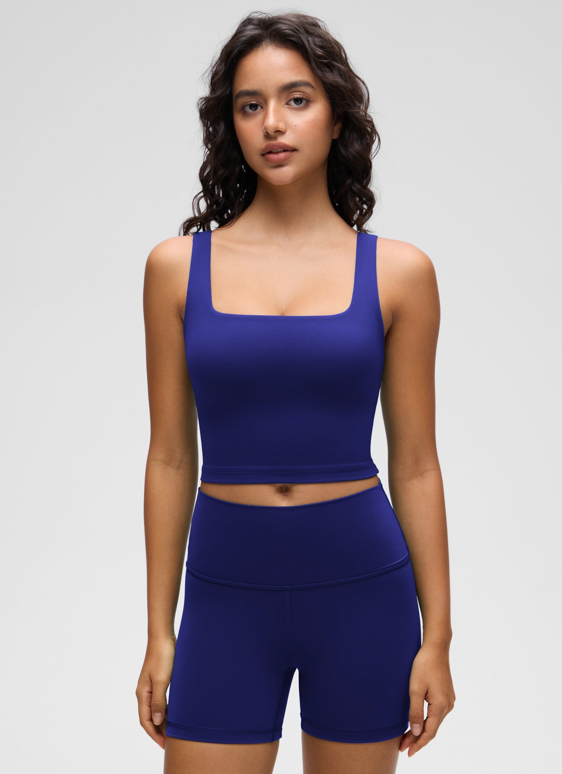 CRZ YOGA Bra Yoga Wanita Dampak Rendah, Model Long Butterluxe , Leher Persegi, Warna Biru Larkspur