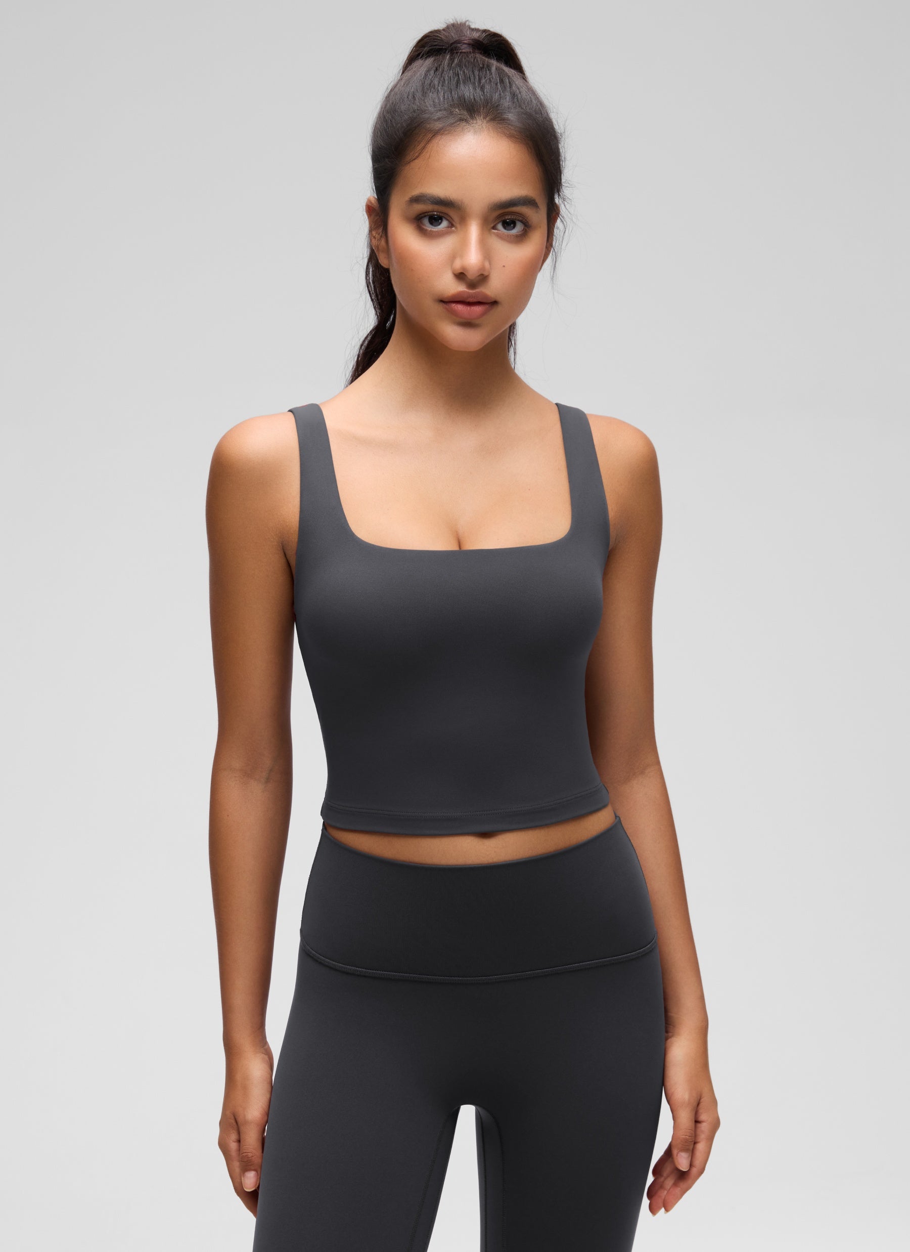 CRZ YOGA Bra Yoga Wanita Dampak Rendah, Model Long Butterluxe , Leher Persegi, Warna Mysterious Grey