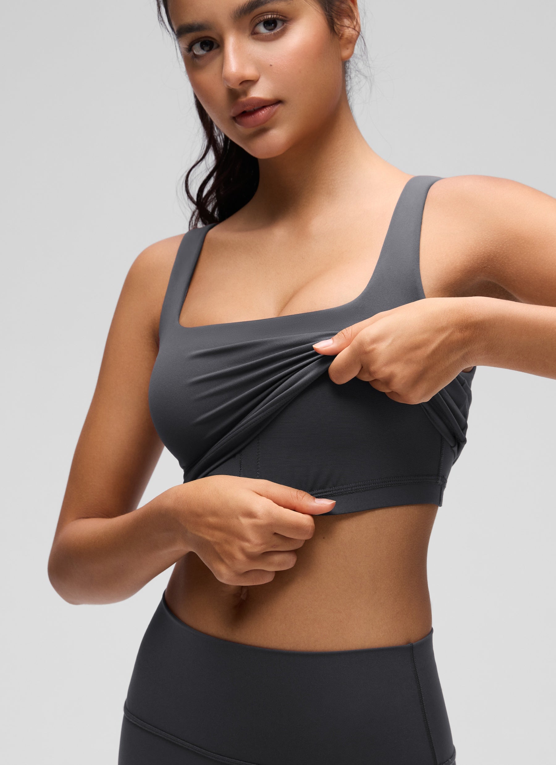 CRZ YOGA Bra Yoga Wanita Dampak Rendah, Model Long Butterluxe , Leher Persegi, Warna Mysterious Grey