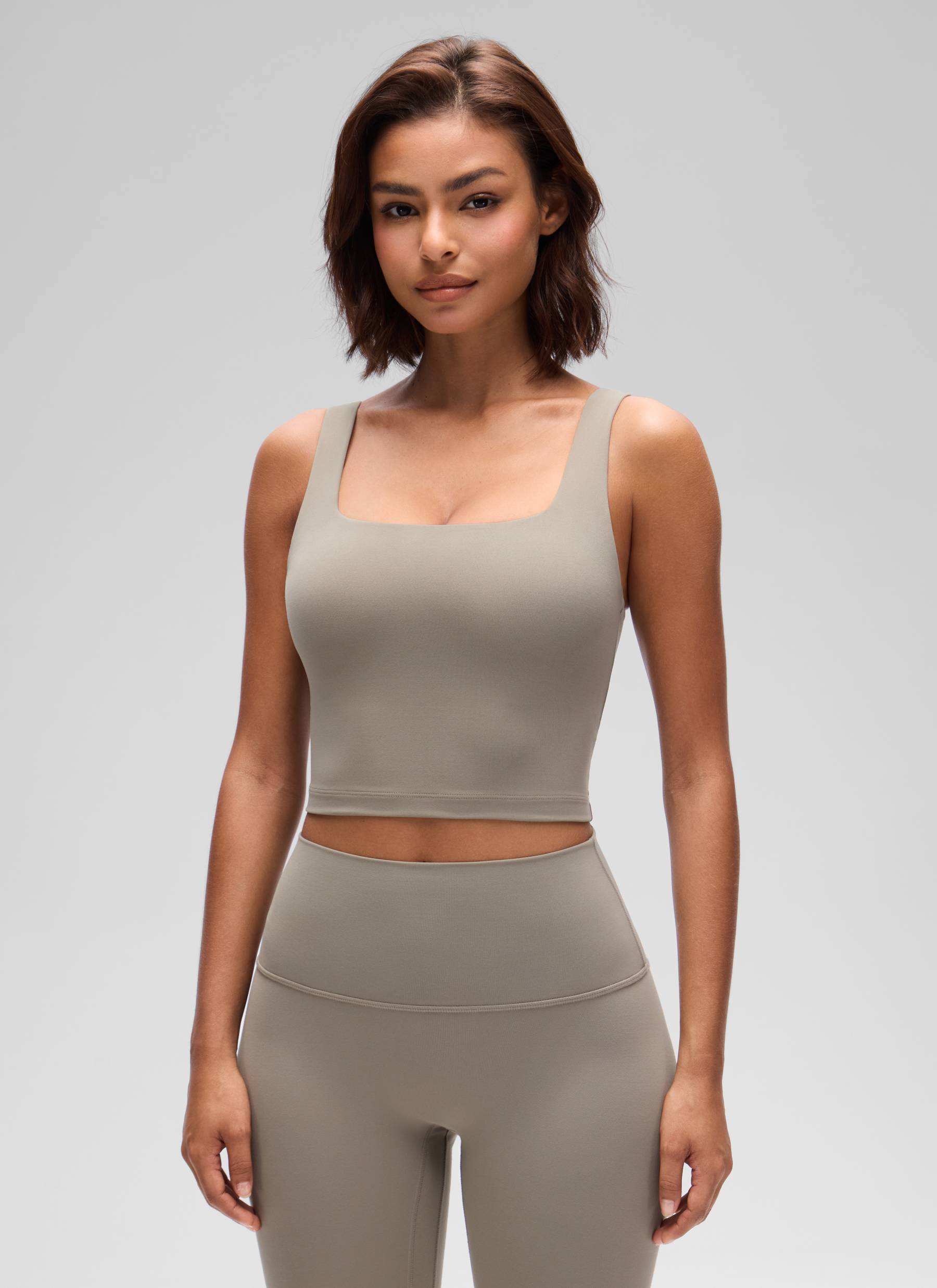 CRZ YOGA Bra Yoga Wanita Dampak Rendah dengan Desain " Butterluxe " dan Potongan Panjang, Leher Persegi, Warna Abu-abu Hangat