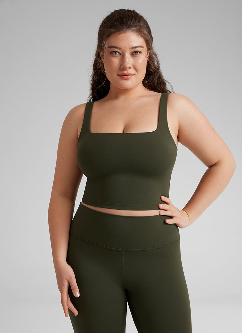 CRZ YOGA Bra Yoga Wanita Dampak Rendah dengan Desain " Butterluxe " dan Leher Persegi, Warna Hijau Zaitun
