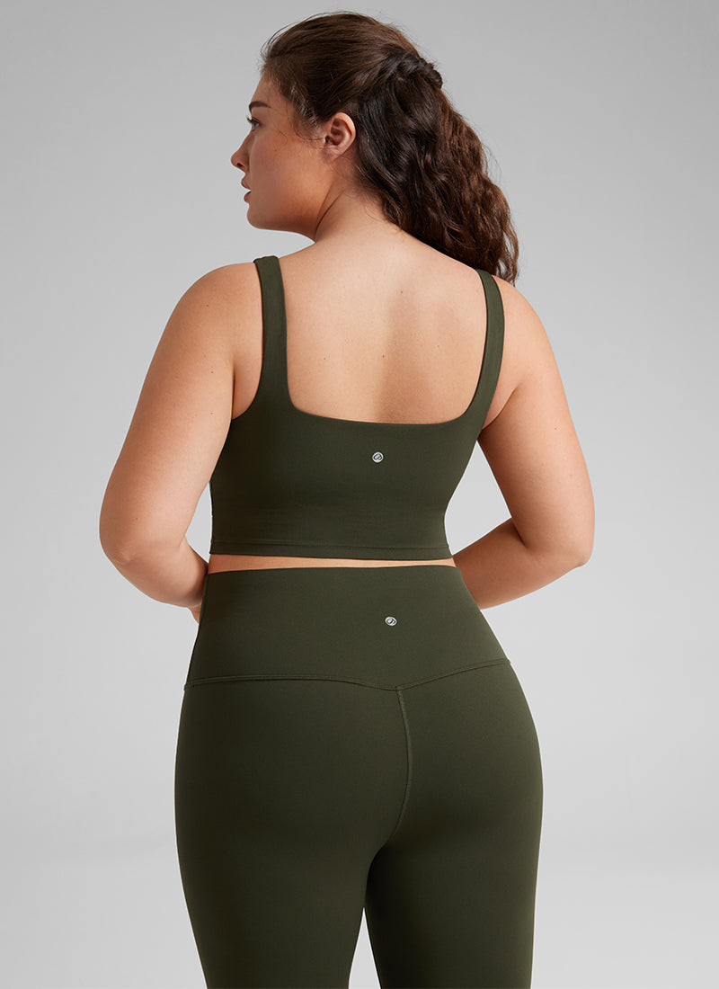 CRZ YOGA Bra Yoga Wanita Dampak Rendah dengan Desain " Butterluxe " dan Leher Persegi, Warna Hijau Zaitun