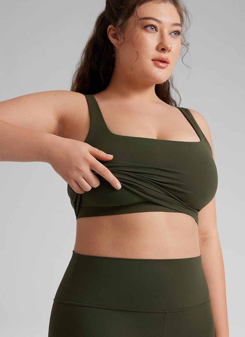 CRZ YOGA Bra Yoga Wanita Dampak Rendah dengan Desain " Butterluxe " dan Leher Persegi, Warna Hijau Zaitun