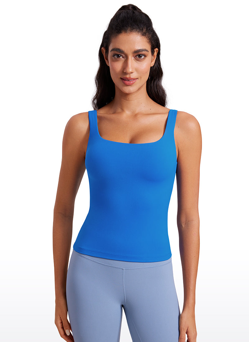 CRZ YOGA Atasan Wanita SlimFit Butterluxe Tanktop dengan Bra Terintegrasi dan Leher U, Warna Biru Berkilau