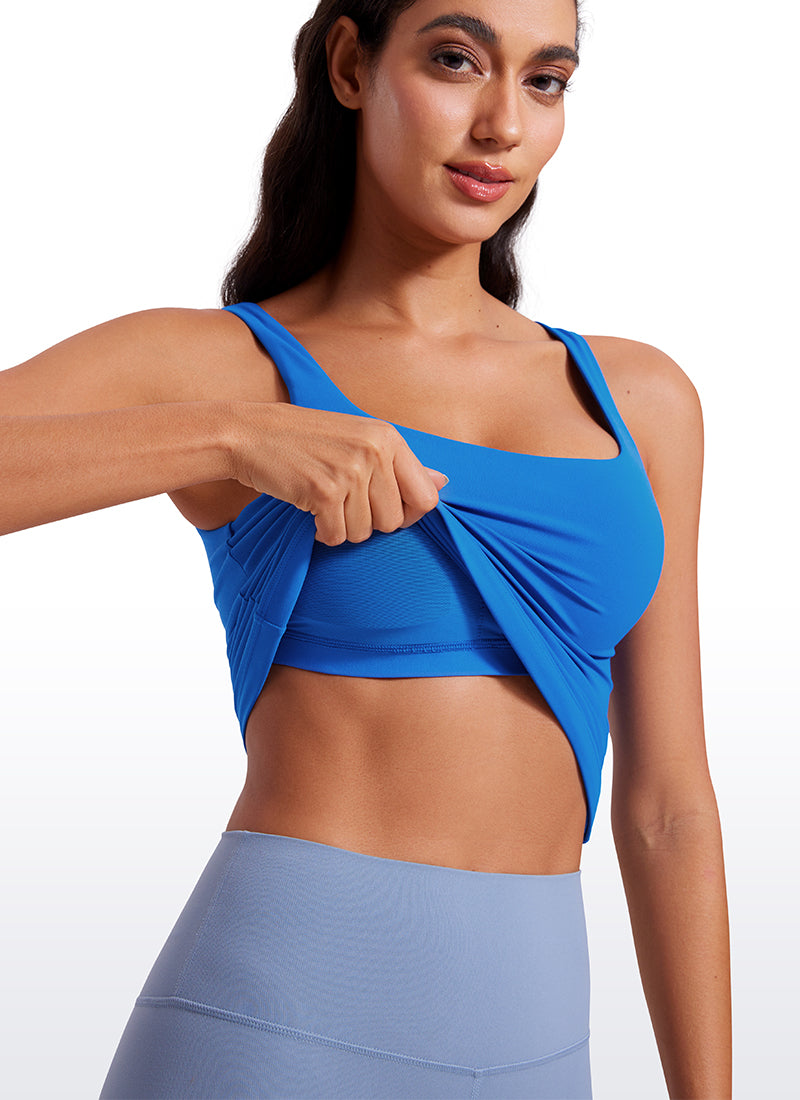 CRZ YOGA Atasan Wanita SlimFit Butterluxe Tanktop dengan Bra Terintegrasi dan Leher U, Warna Biru Berkilau