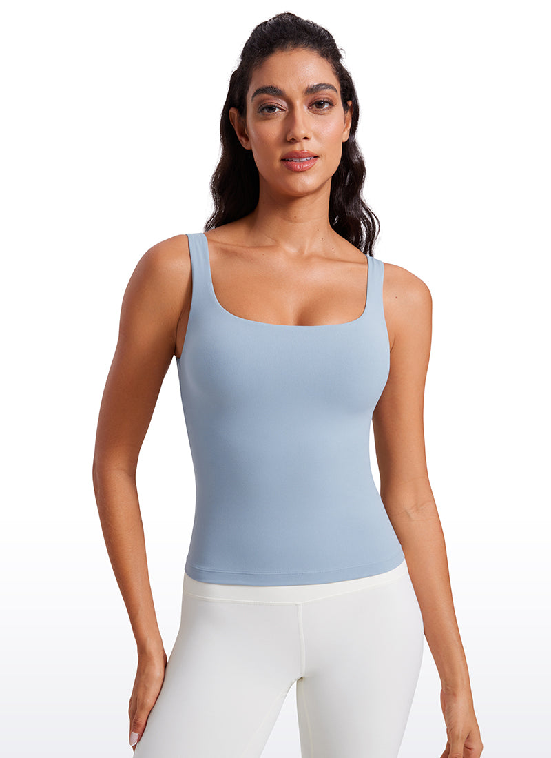 CRZ YOGA Atasan Wanita SlimFit " Butterluxe " dengan Bra Terintegrasi, Model U-Neck, Warna Biru Cambric