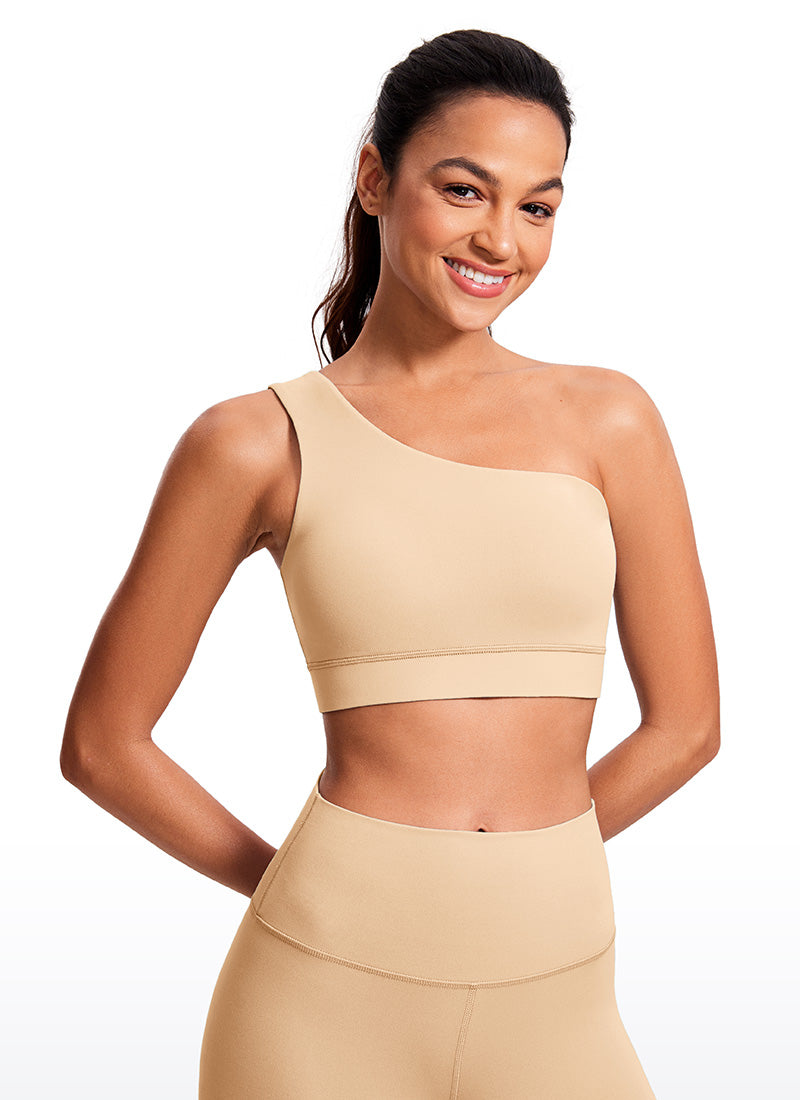 CRZ YOGA Butterluxe Bra Olahraga Wanita Satu Bahu Asimetris Berbusa Warna Cokelat Muda Milkshake