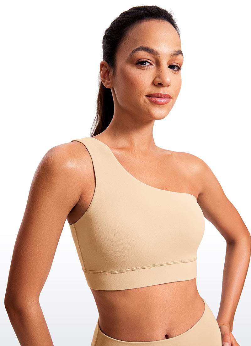 CRZ YOGA Butterluxe Bra Olahraga Wanita Satu Bahu Asimetris Berbusa Warna Cokelat Muda Milkshake