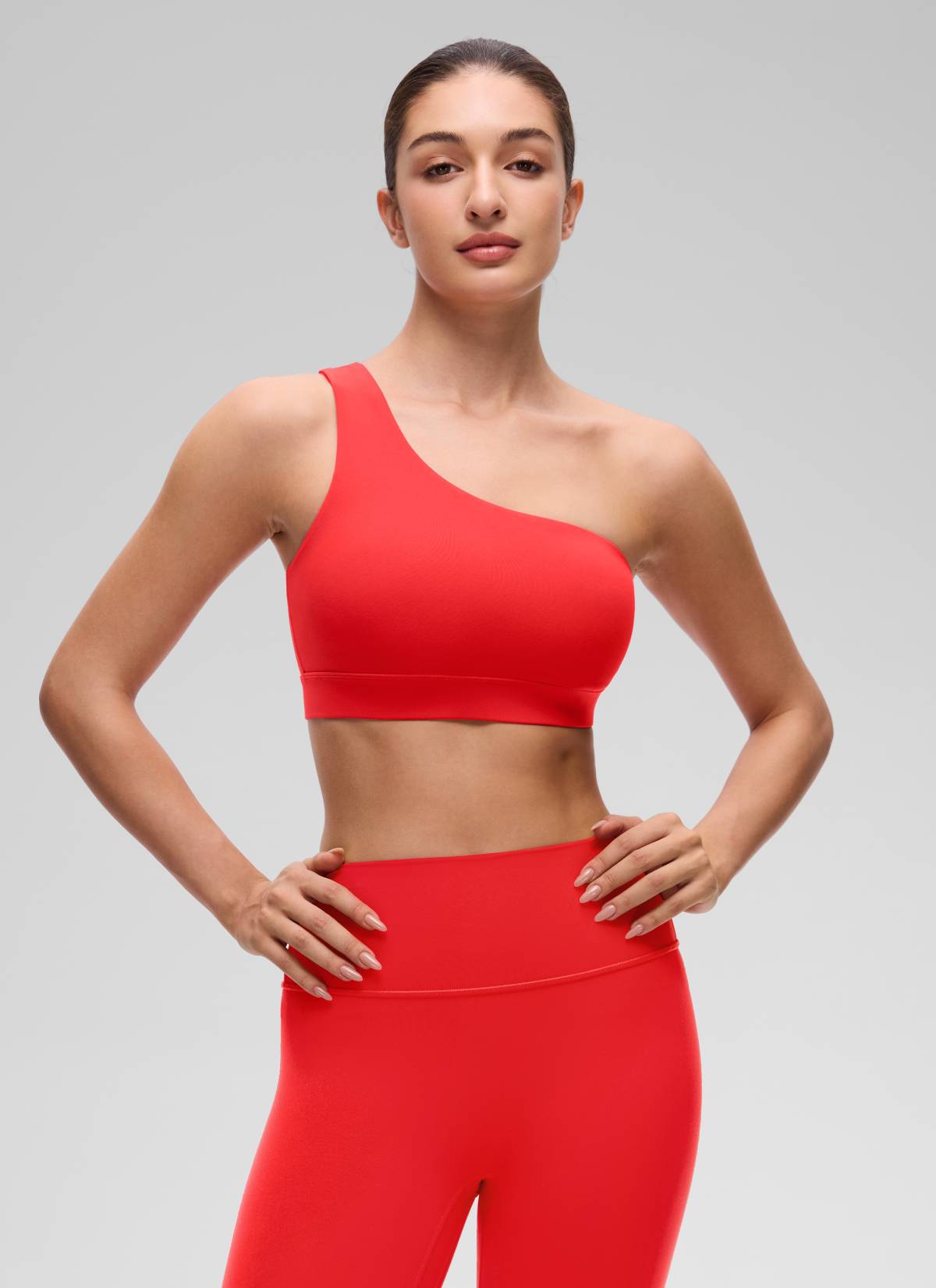 CRZ YOGA Butterluxe Bra Olahraga Wanita Satu Bahu Asimetris Berbusa Warna Merah Tua