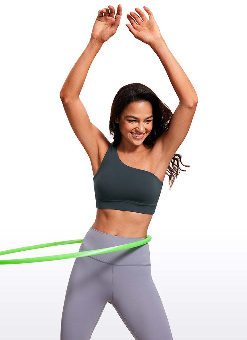 CRZ YOGA Butterluxe Womens One Shoulder Sports Bra Asymmetrical Padded Dark Green