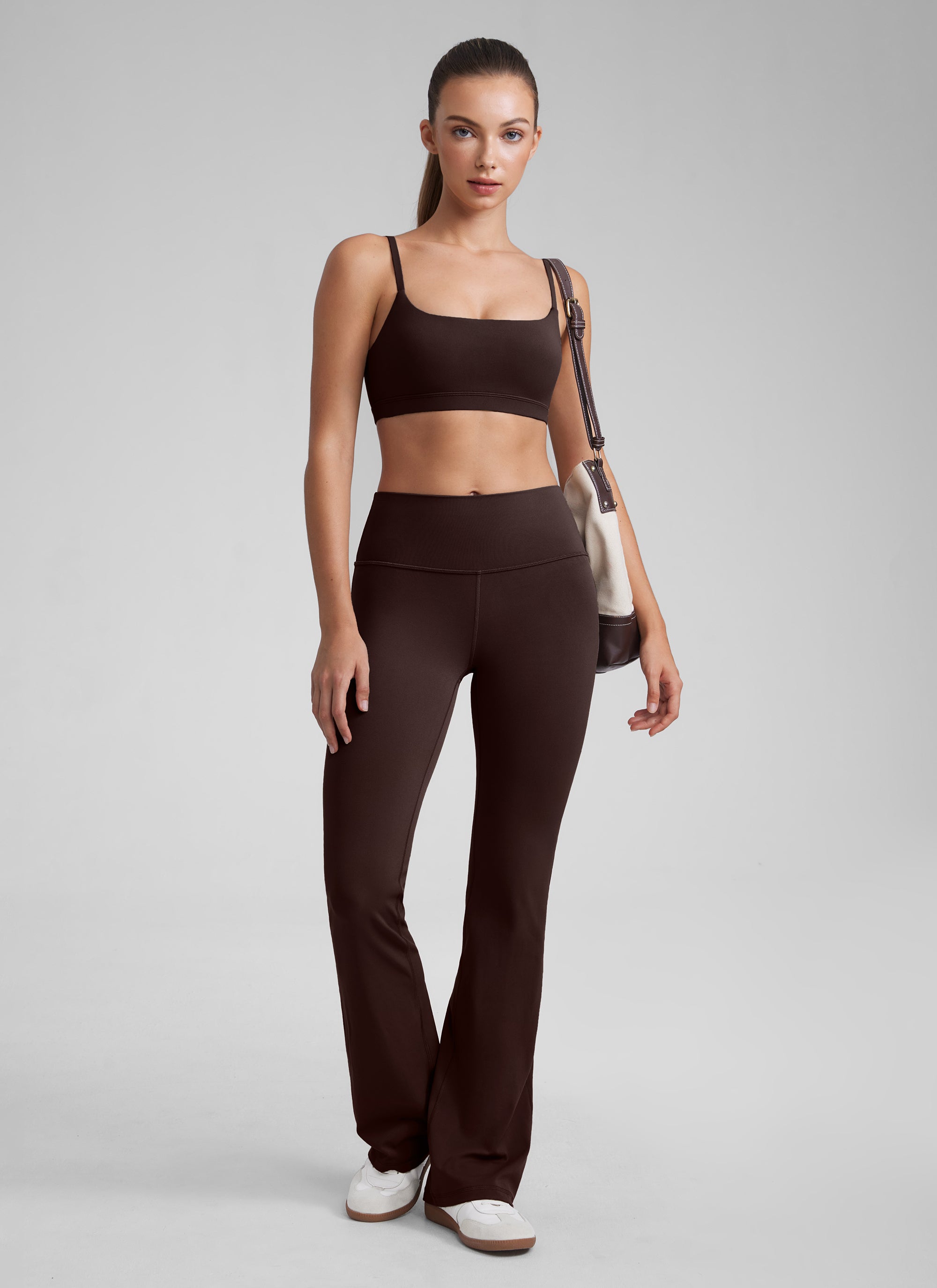 CRZ YOGA Bra Wanita dengan Tali Spaghetti yang Dapat Disesuaikan dan Leher Bulat, Model " Butterluxe ", Warna Hot Fudge Brown