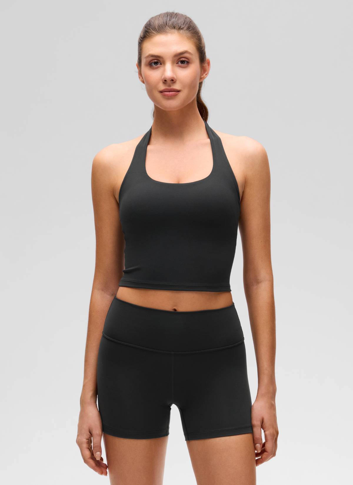 CRZ YOGA Bra Olahraga Halter Panjang untuk Wanita dengan Desain " Butterluxe ", Atasan Crop Tank, Warna Hitam