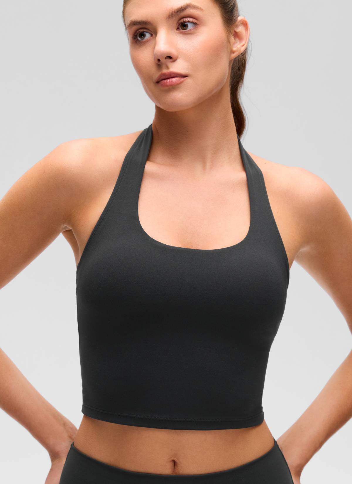 CRZ YOGA Bra Olahraga Halter Panjang untuk Wanita dengan Desain " Butterluxe ", Atasan Crop Tank, Warna Hitam
