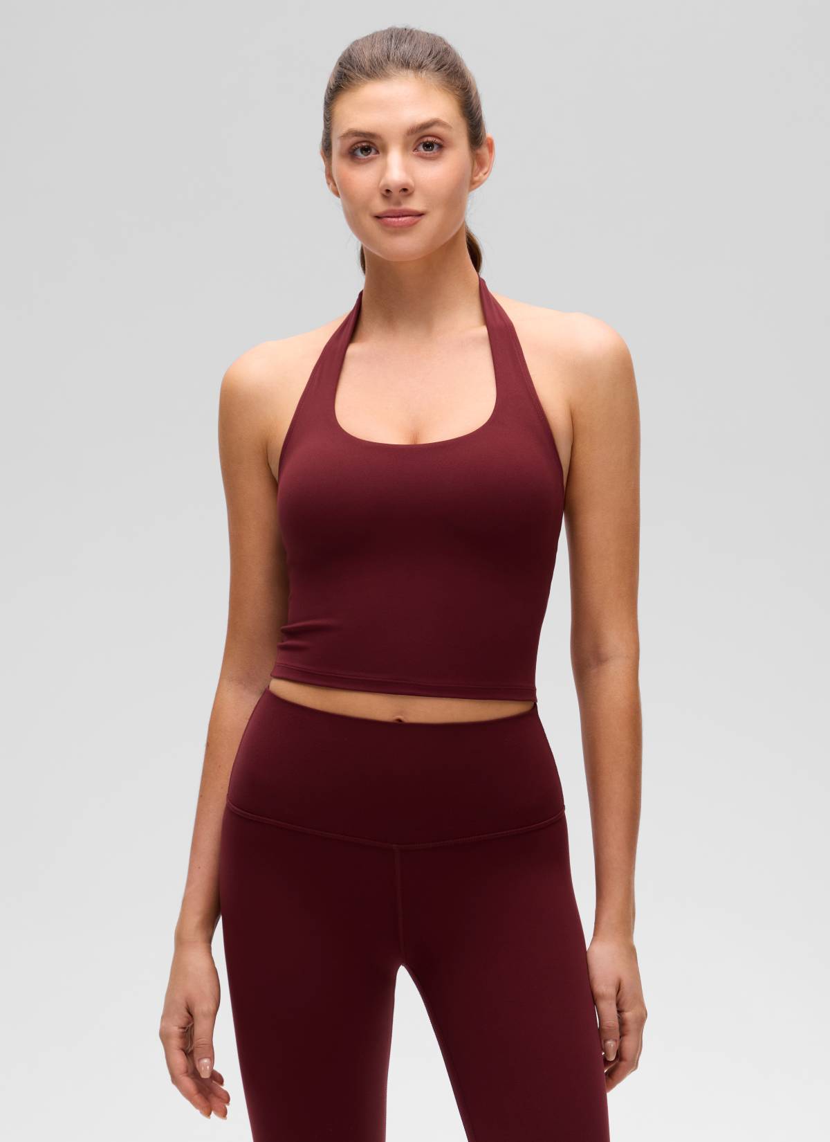 CRZ YOGA Bra Olahraga Halter Panjang untuk Wanita dengan Desain " Butterluxe ", Atasan Crop Tank, Warna Merah Merlot