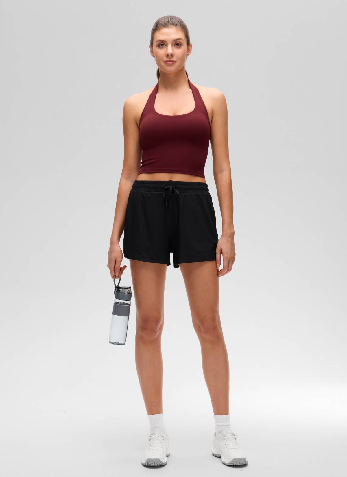 CRZ YOGA Bra Olahraga Halter Panjang untuk Wanita dengan Desain " Butterluxe ", Atasan Crop Tank, Warna Merah Merlot