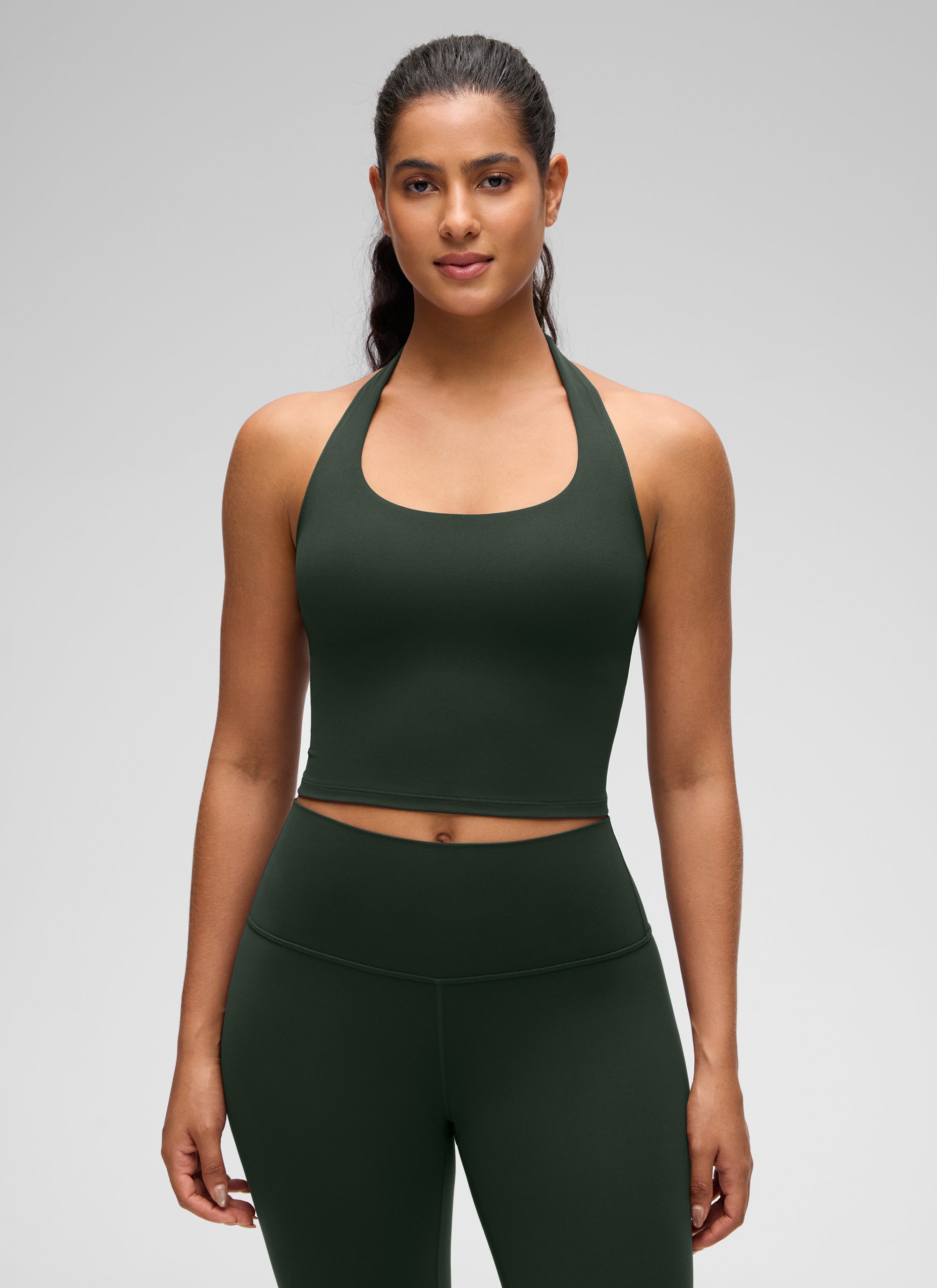 CRZ YOGA Bra Olahraga Halter Panjang untuk Wanita dengan Desain " Butterluxe ", Atasan Crop Tank, Warna Legend Green