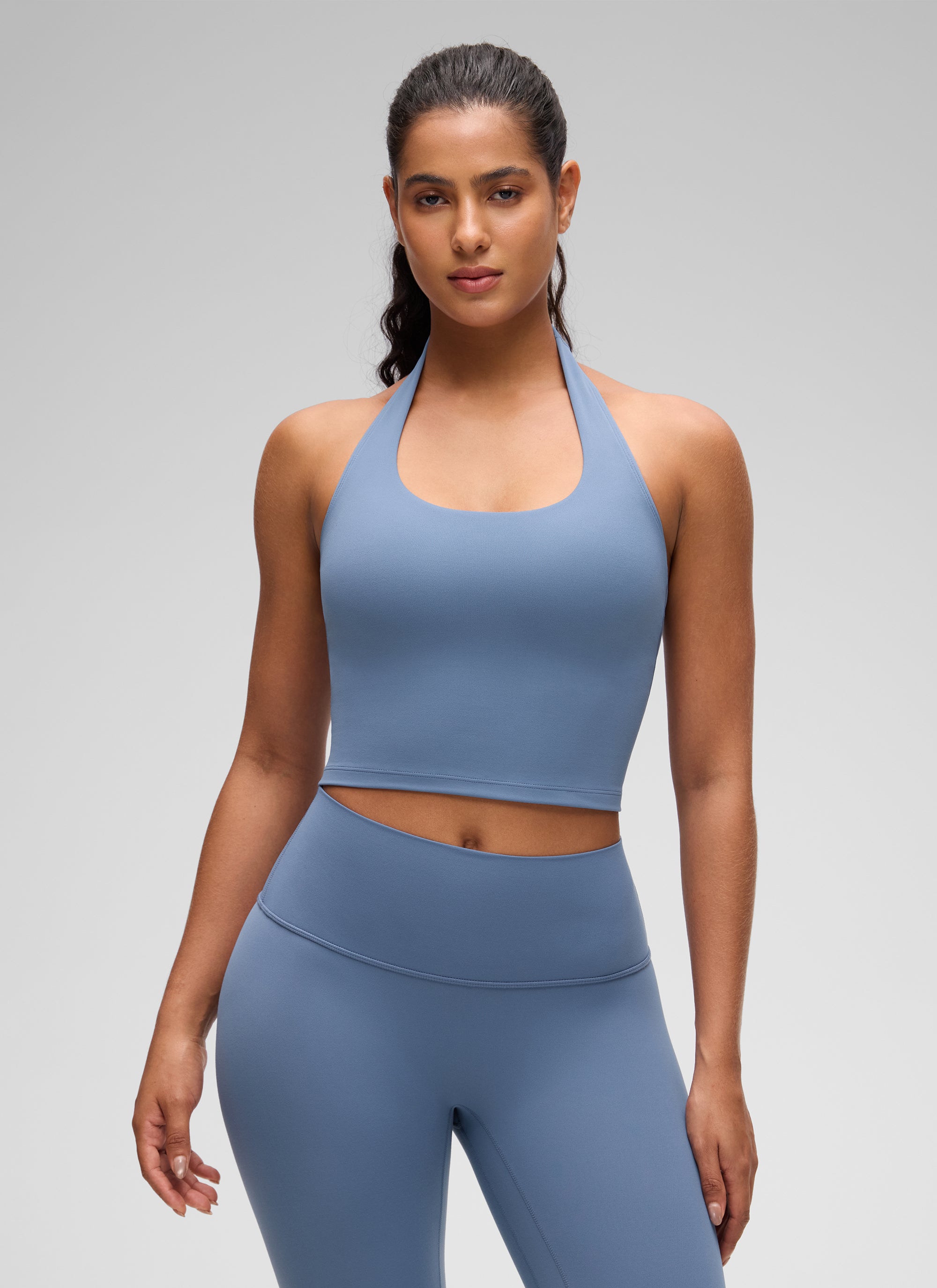CRZ YOGA Bra Olahraga Halter Panjang untuk Wanita dengan Motif " Butterluxe ", Atasan Crop Tank, Denim Cuci