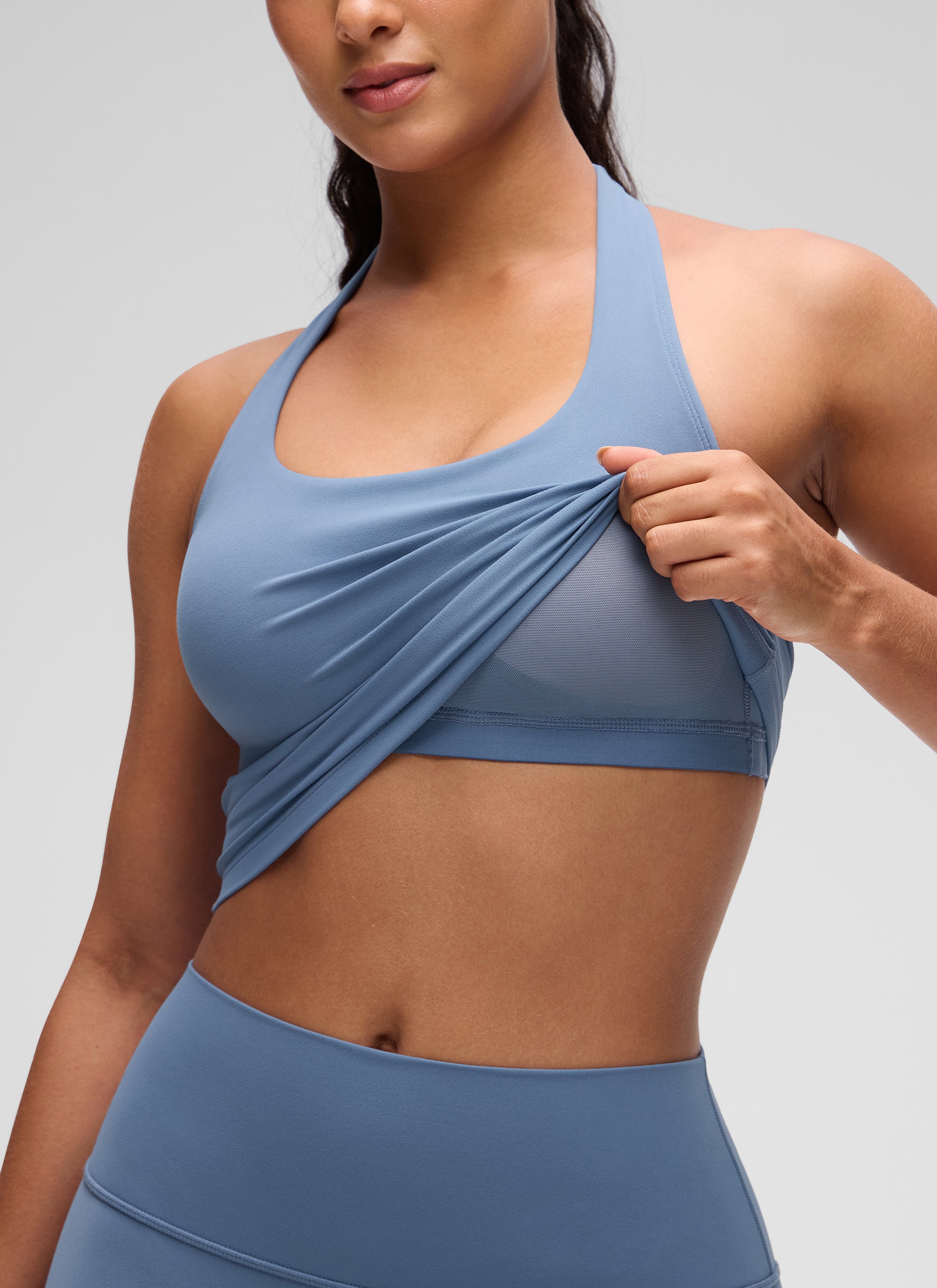 CRZ YOGA Bra Olahraga Halter Panjang untuk Wanita dengan Motif " Butterluxe ", Atasan Crop Tank, Denim Cuci