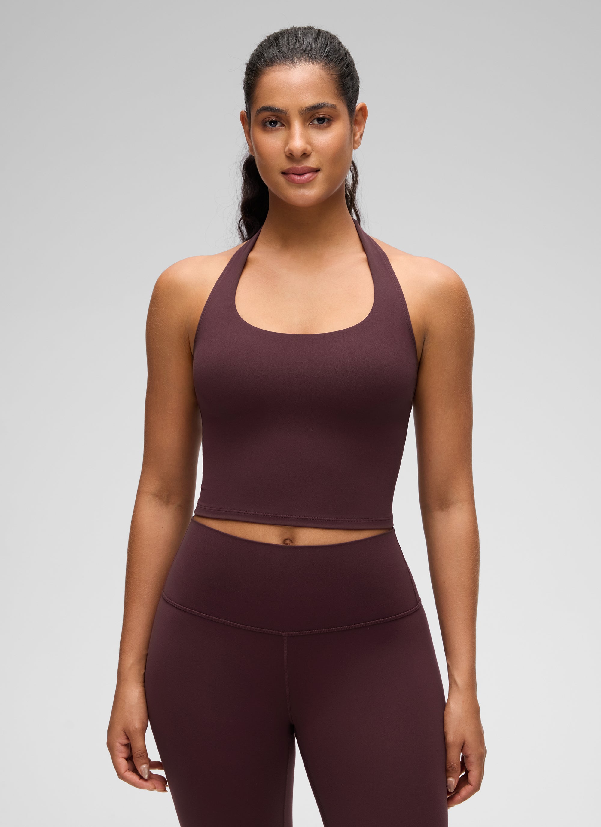 CRZ YOGA Bra Olahraga Halter Panjang untuk Wanita dengan Motif " Butterluxe ", Atasan Crop Tank, Warna Ripe Plum