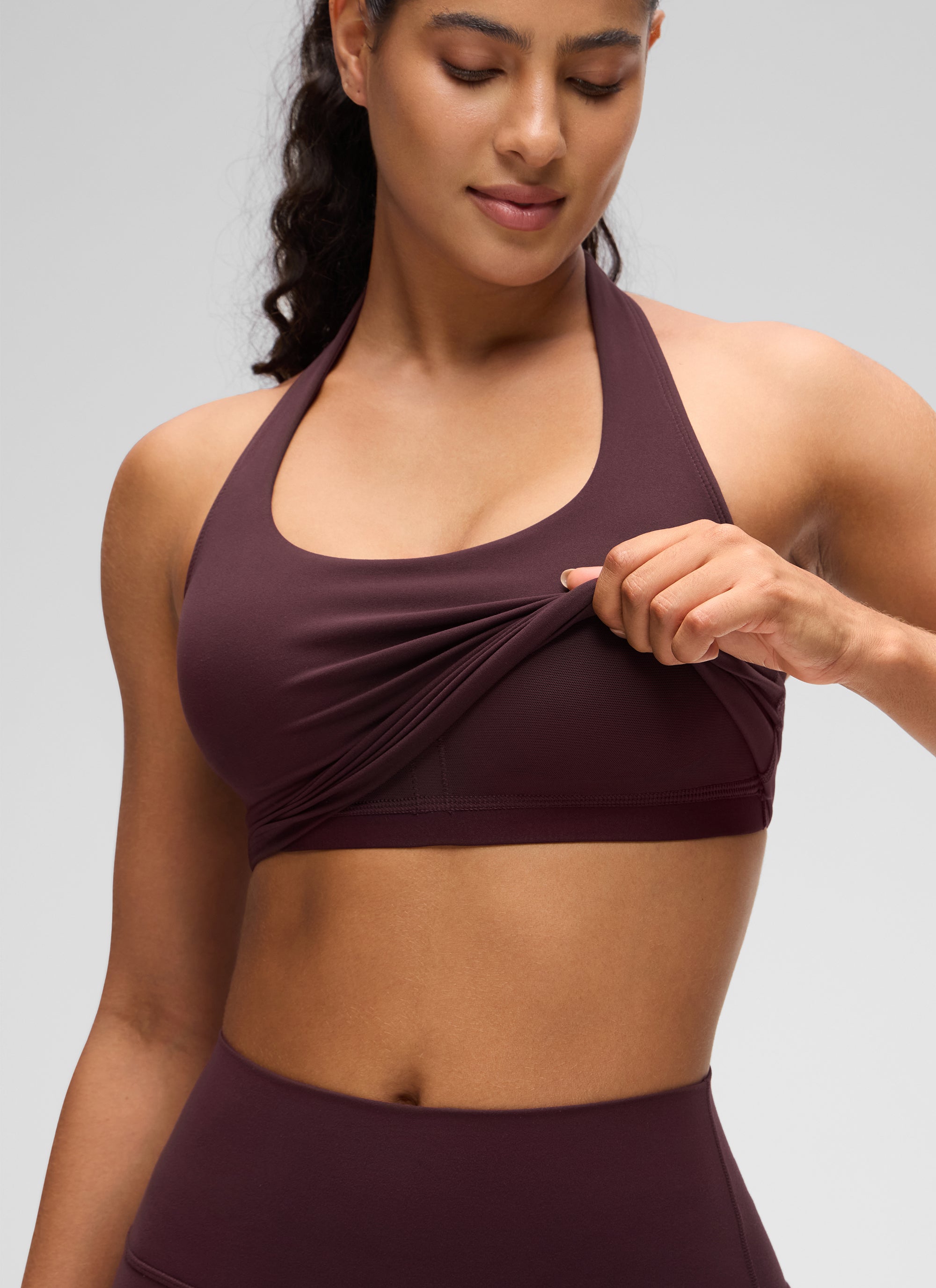 CRZ YOGA Bra Olahraga Halter Panjang untuk Wanita dengan Motif " Butterluxe ", Atasan Crop Tank, Warna Ripe Plum
