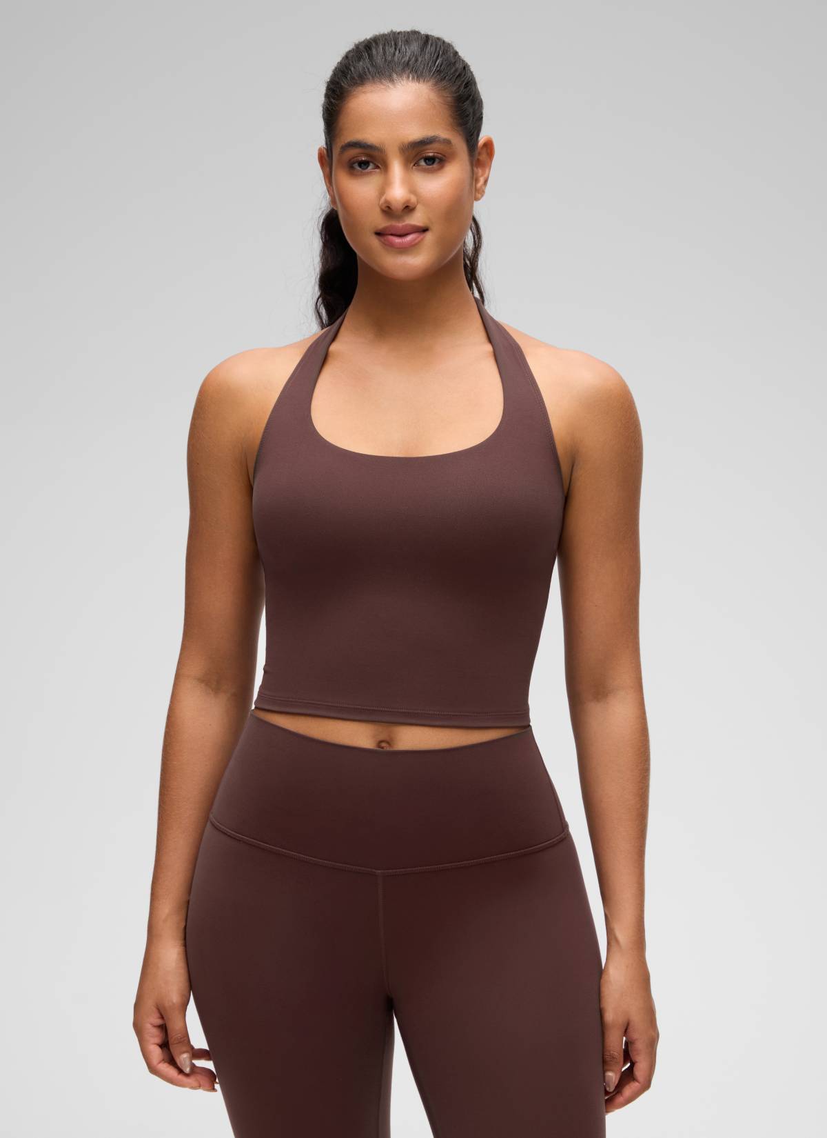 CRZ YOGA Bra Olahraga Halter Panjang untuk Wanita dengan Desain " Butterluxe ", Atasan Crop Tank, Warna Taupe